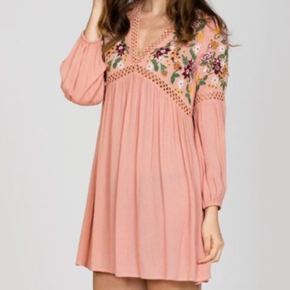 En Creme Embroidered Peach Boho Dress